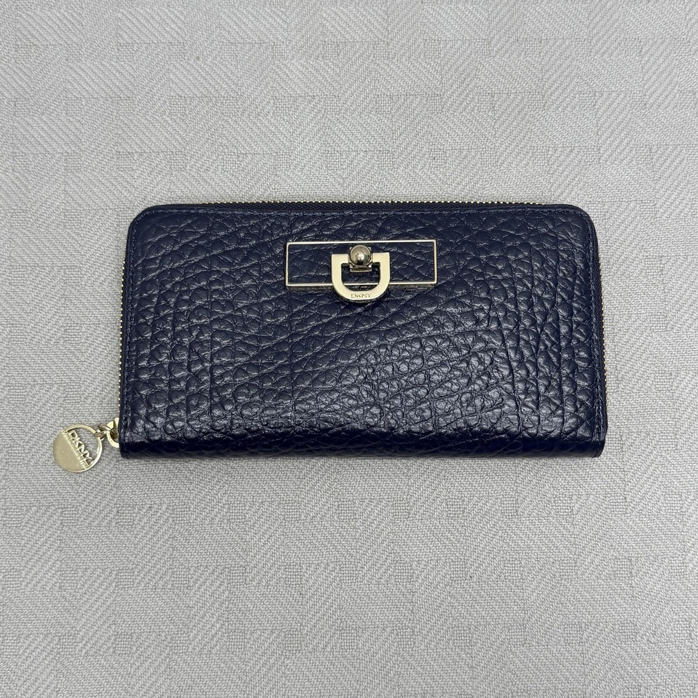 DKNY Wallet Womens One Size Blue Leather Zip Around Logo Credit Card Organizer
